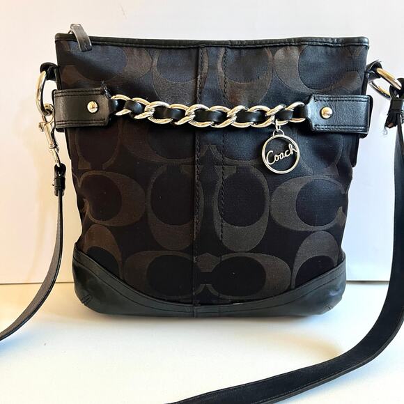 COACH Signature Optic Chain Bag, Black, Canvas with Leather Trim - Picture 5 of 12